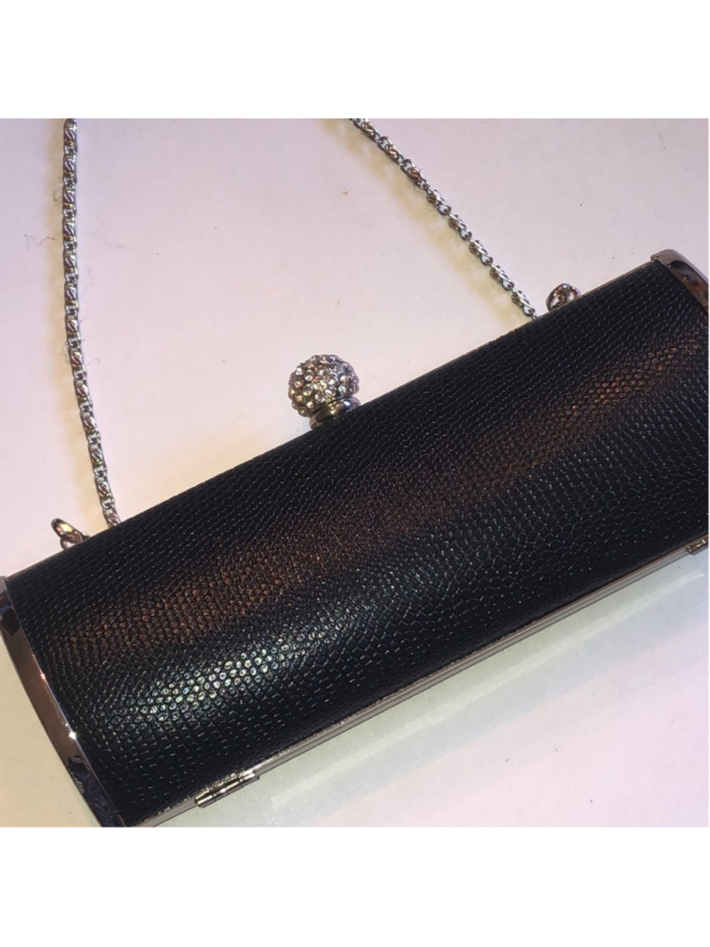 Black Textured Evening Clutch with Silver Tone Chain